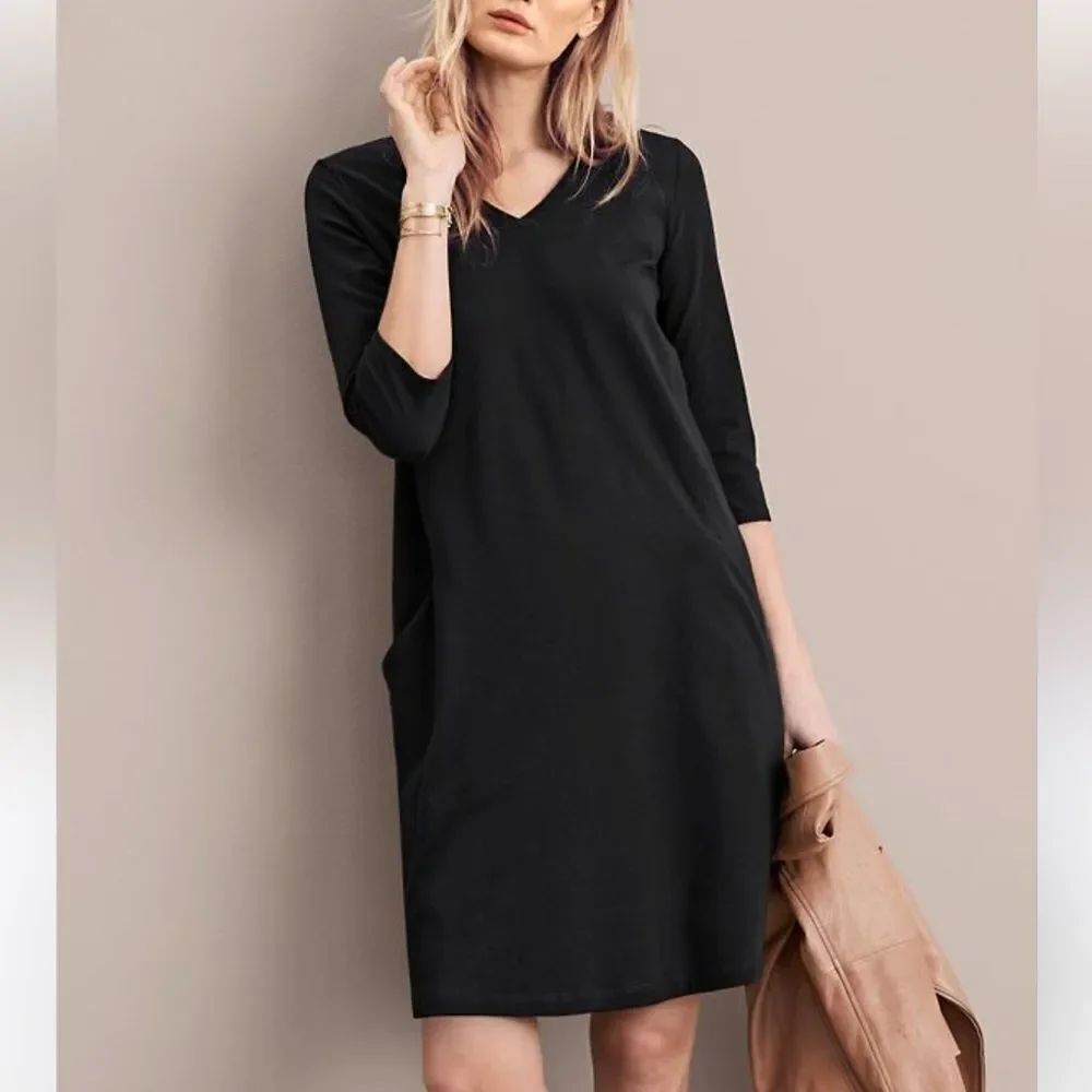 Eileen Fisher Stretch Jersey Knit Dress – Black, V-Neck A-Line, 3/4 Sleeve, Sz S